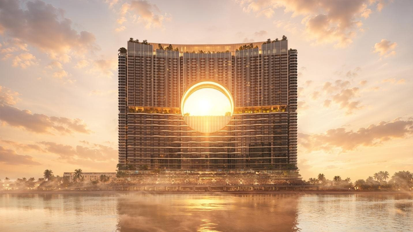 Phối cảnh tòa tháp khối đế Sun Galaxy Complex với thiết kế vòng tròn ánh sáng