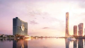Tòa tháp Sun Galaxy Complex thiết kế Moon Gate nhìn từ phía sông lúc hoàng hôn