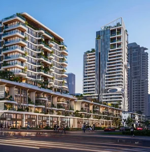 Phối cảnh khối đế shophouse và tòa tháp căn hộ Suro Thủ Thiêm về đêm