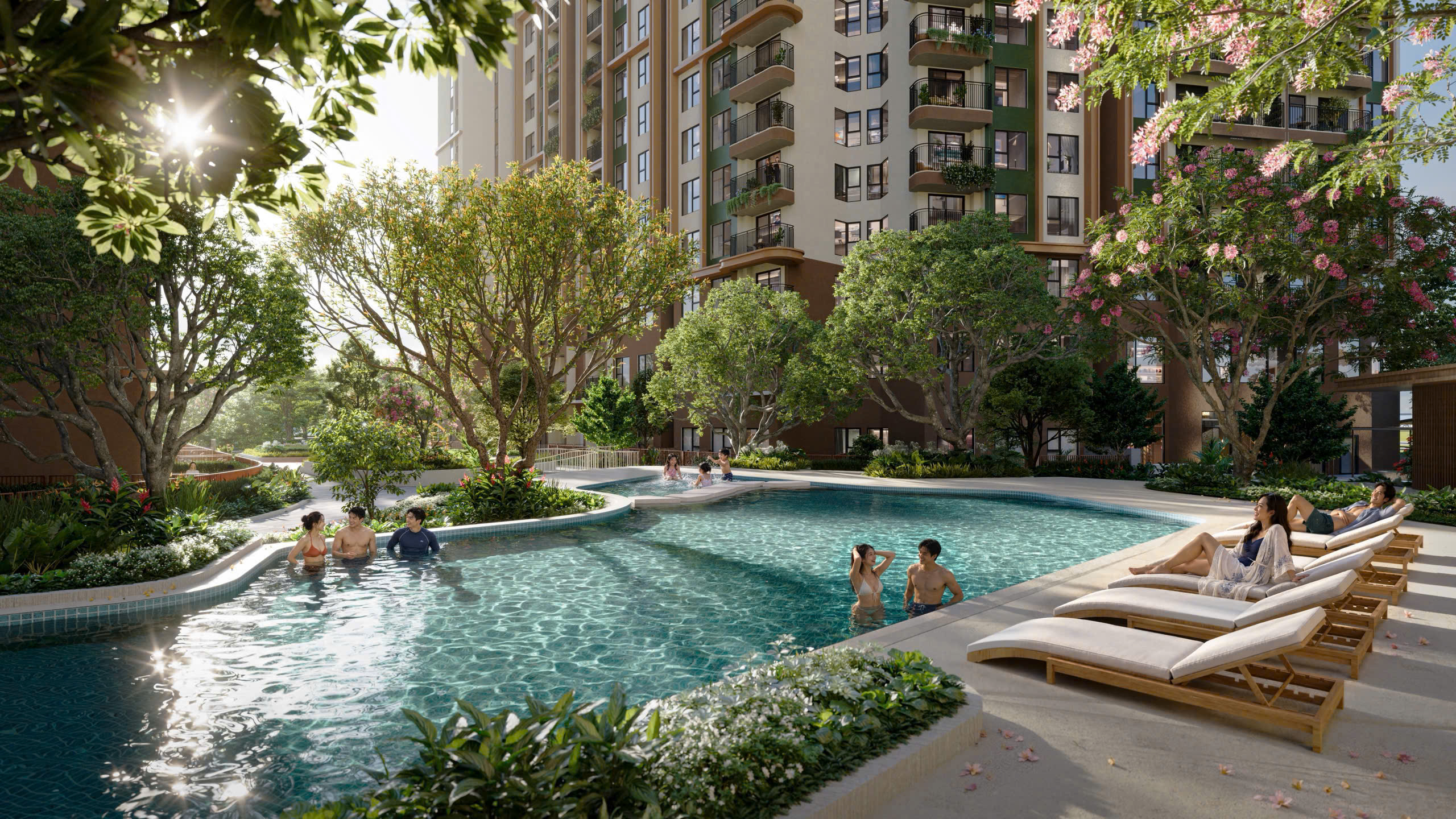 Khu bể bơi cây xanh trong dự án Norton Park với cư dân đang tắm và thư giãn
