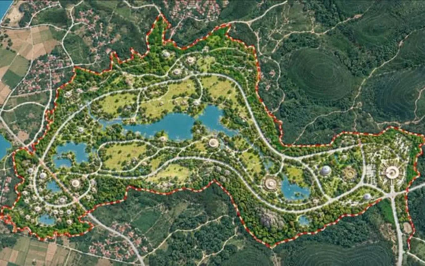 Phối cảnh tổng thể dự án safari Ba Vì nhìn từ trên cao với hồ nước và các cụm công trình